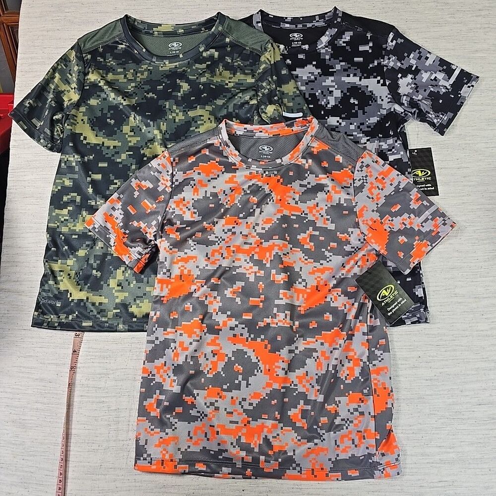 Athletic Works Boys L (10–12) Digital Camo T-Shirts – 3 Pack Performance Tee Lot